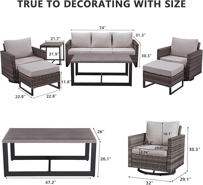 HUMMUH 7 Piece Patio Furniture Set PE Wicker Outdoor Sectional Sofa,High Back Patio Swivel Rocking Chairs with Ottomans Coffee Table for Porch,Garden,Backyard