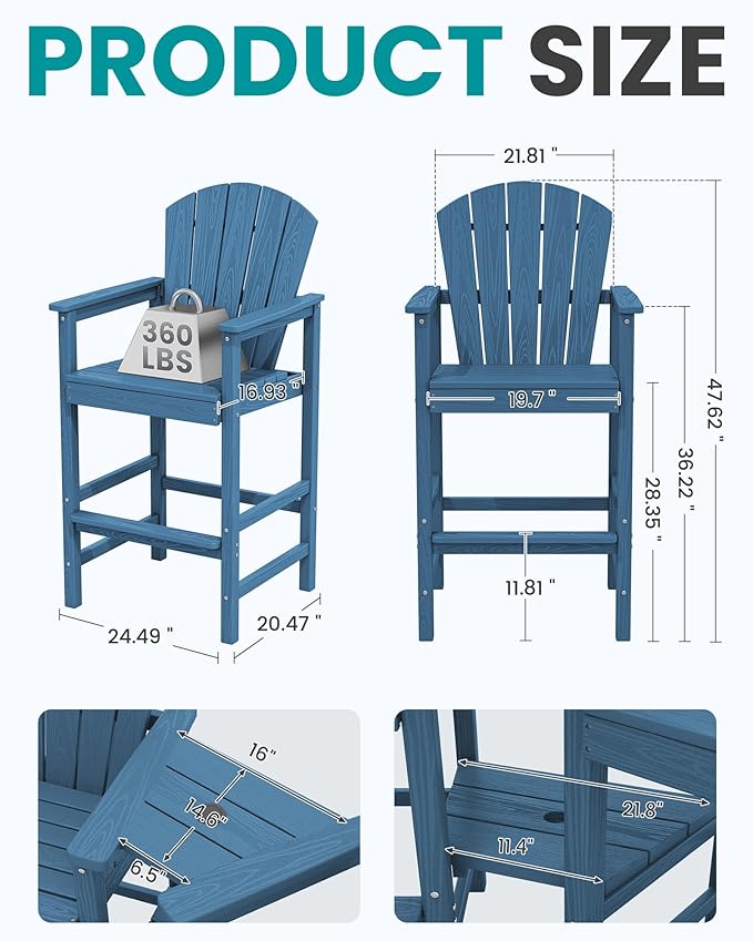 SERWALL Tall Adirondack Chairs Set of 4 with Double Layer Connecting Tray, HDPE Bar Height Outdoor Chairs, Wood-Like Adirondack Bar Stools for Patio, Balcony, Porch, Blue