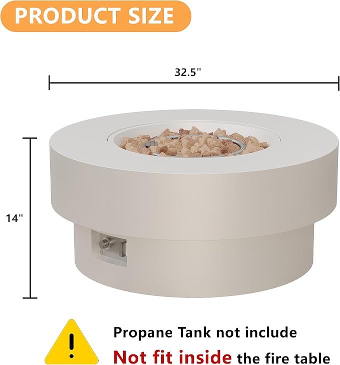 32 inch Outdoor Propane Fire Table, Round Patio Fire Pit Table, 50,000 BTU Gas FirePit with Lid, Cover, Lava Rocks, CSA Certified, White