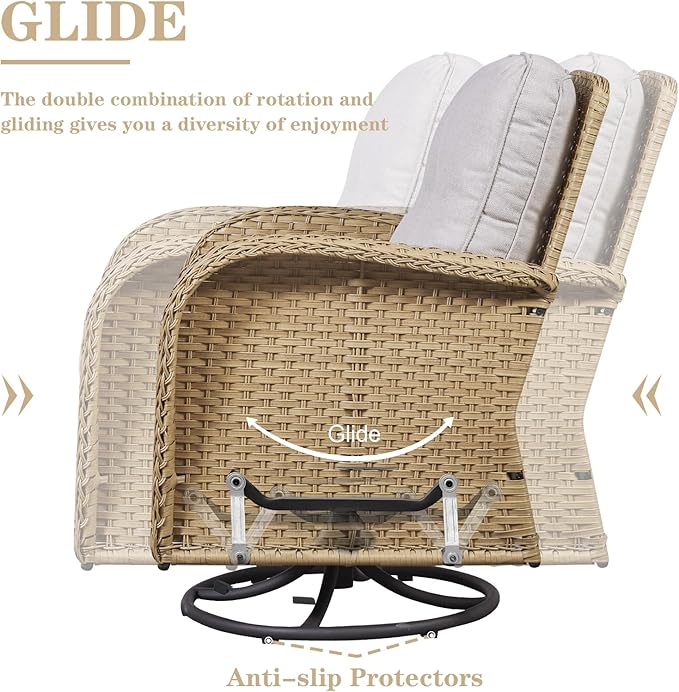 Patio Furniture Swivel Glider PE Wicker Chairs, Outdoor Swivel Rocker Seating with Cushions for Porch Deck Balcony, Yellow/Beige