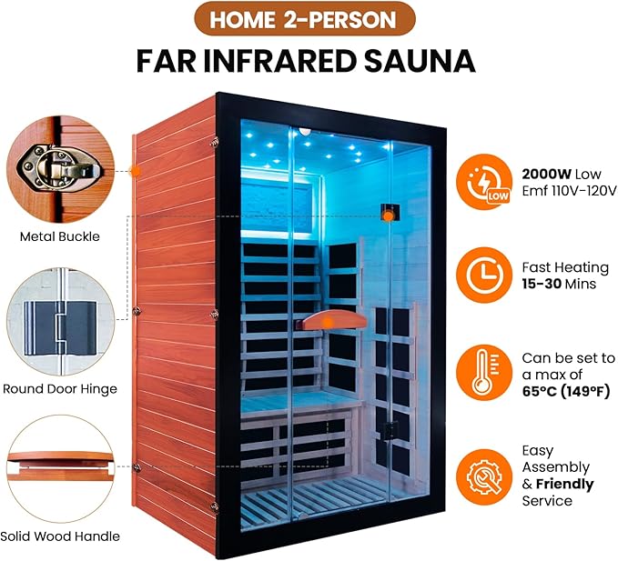 2 Person Sauna Room Far Infrared for Sauna Home Indoor 2000W/110V Low-EMF Wood Okoume Dry Sauna with Air Hole, Full Starry Sky Lights in 7 Color Remedies, Control Panel, Speaker - 47.3*41.3*74.8 IN