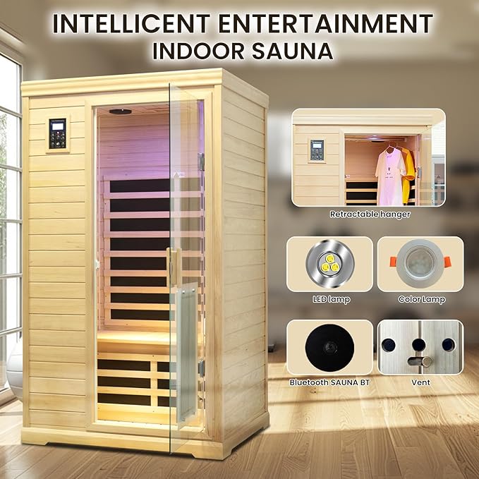 2 Person Far Infrared Sauna,Low EMF Far Infrared Sauna, Wooden Canadian Hemlock Indoor Spa Sauna 1750W Indoor Sauna with Tempered Glass Door/Speakers/Air Hole and LED Lighting/Colorful Lights