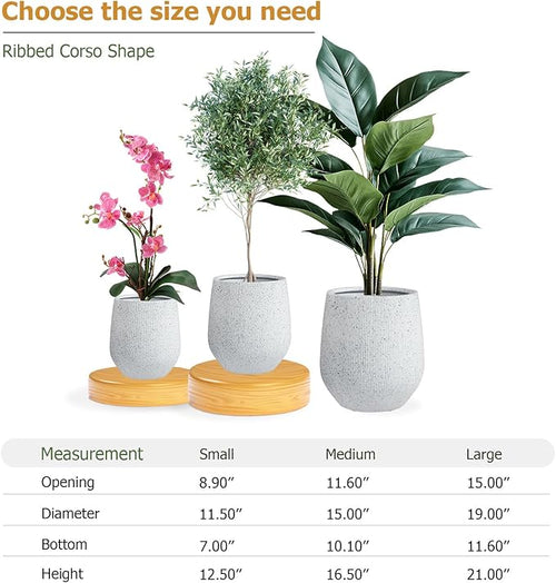 16.5"H x 15"D Ribbed Corso Fiberstone Round Planter - Christmas Tree Planter, Weather Resistant for Indoor & Outdoor Use, Included 2 Extra Coco Mats (Ribbed Speckled White,11.5" Pot Opening)
