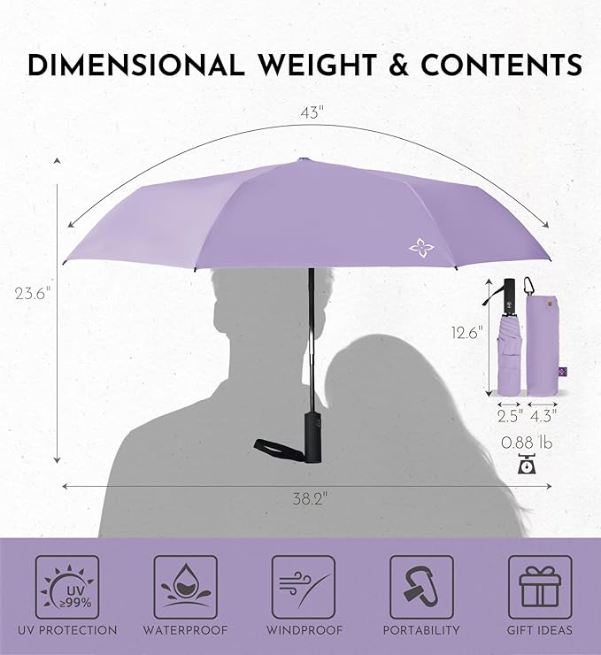UV Travel Umbrella for Sun Protection & Rain, Compact Windproof Folding, Refined craftsmanship, Auto Open/Close, 43" Canopy with color coating, UPF 100+ UV Blocking, TSA Approved