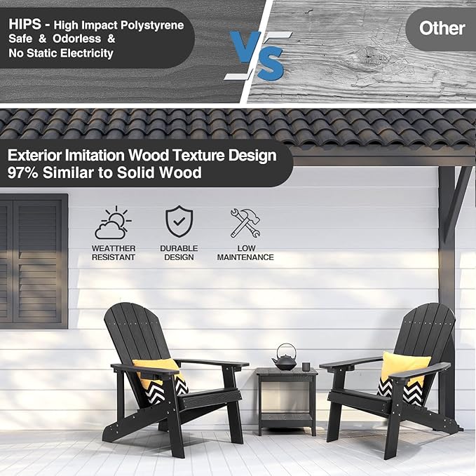 Adirondack Chairs Set of 2, All Weather Resistant Plastic Chairs with Cup Holder, 5 Easy Steps to Install, Outdoor Chairs for Patio, Garden, Backyard Deck, Lawn, Fire Pit - Black