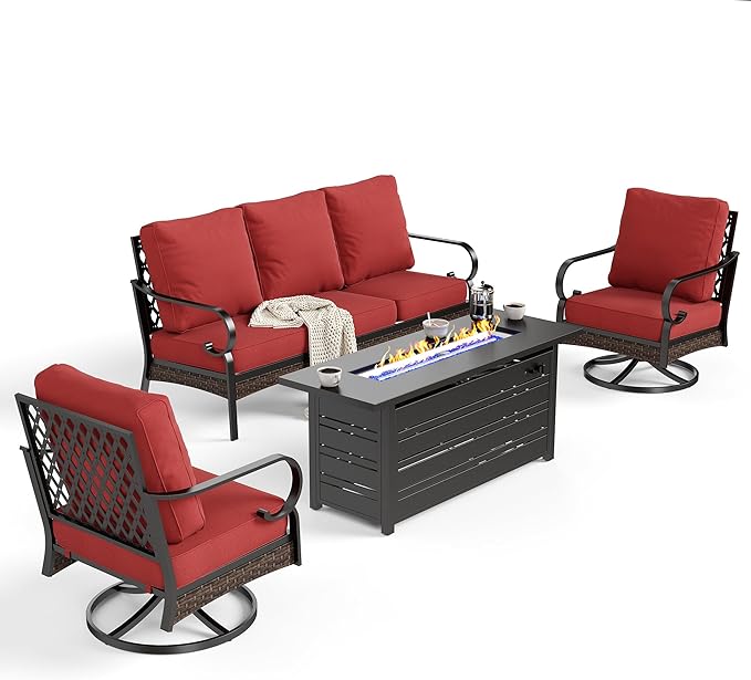SUNSHINE VALLEY 4 Piece Metal Outdoor Patio Furniture Sets with Firepit Table, Patio Conversation Sets 1 3-Seater Sofa, 2 Swivel Sofa with 5.75" Thick Cushion Backyard Furniture for Deck, Rust Red