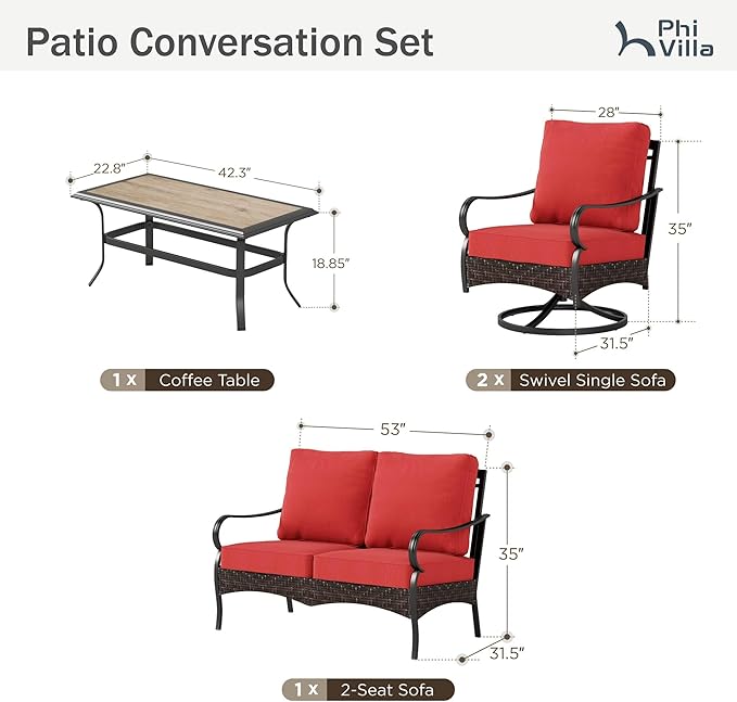 PHI VILLA Outdoor Porch Furniture Set, Upgraded Wicker&Metal Deep Seating Patio Furniture Conversation Set with Waterproof Thick Cushions for Balcony, Deck, and Yard (4 Pieces,Red)