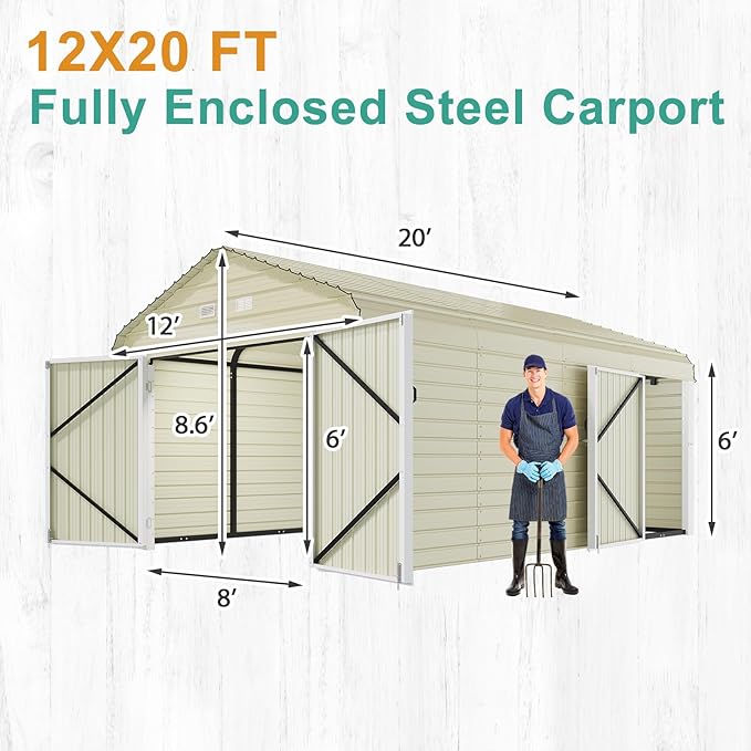 EROMMY 12x20 FT Heavy Duty Carport - Galvanized Steel Frame Car Shelter with Reinforced Base, Enclosed Storage Shed for Cars & Trucks, Gray