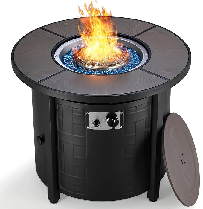TLGREEN Propane Fire Pit Table 30in, 50,000 BTU Auto-Ignition Round Gas Fire Pit, Patio Furniture Outdoor and Indoor, Fire Table with Waterproof Cover, Blue Stone and Lid