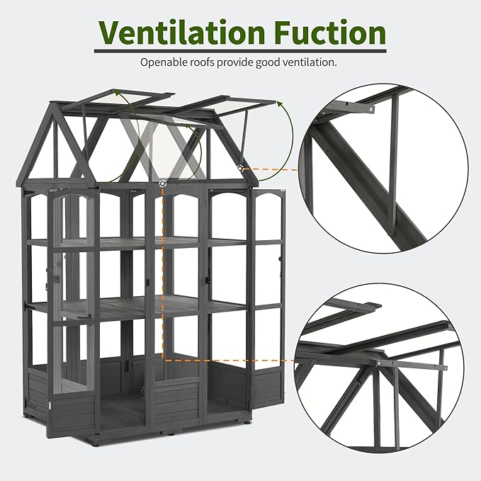 MCombo Wooden Greenhouse, Outdoor Greenhouse with Adjustable Roof Vent and 6 Lockable Door for Backyard/Outdoor Use, (48 x 38.8 x 83.9 Inches) 0851 (Dark Grey)