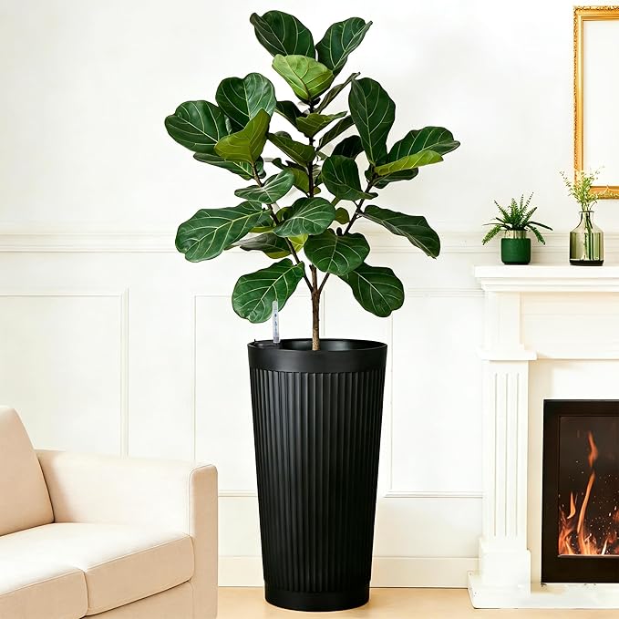 Self Watering Tall Planters for Outdoor Plants, 24” Set of 2 Large Flower Pots with Drainage Hole, Modern Plastic Black Planter for Indoor, Patio, Balcony (Ribbed)
