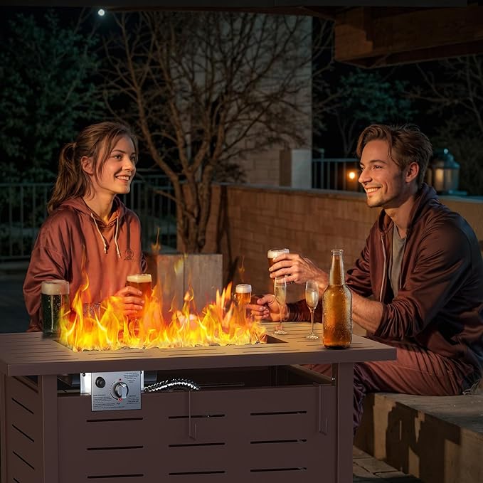 Aoxun 41" Propane Fire Pit Table – 50,000 BTU Outdoor Gas Fire Pits with Removable Lid & Waterproof Cover, Lava Rocks Rectangle Gas Firepit Table for Outside Patio Brown