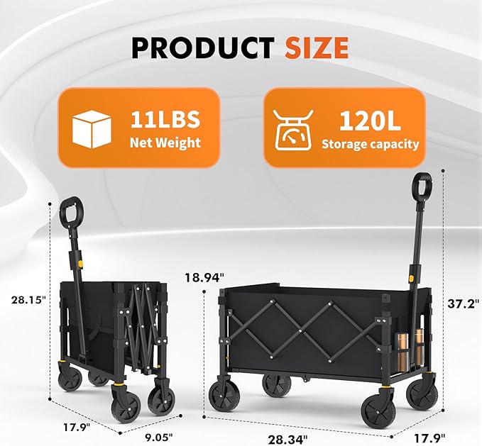 NWH Collapsible Wagon Cart with Wheels Foldable, 360lbs Large Capacity Portable Folding Utility Heavy Duty Beach Wagons Cart with All-Terrain Wheels for Shopping, Camping, Sports, Garden