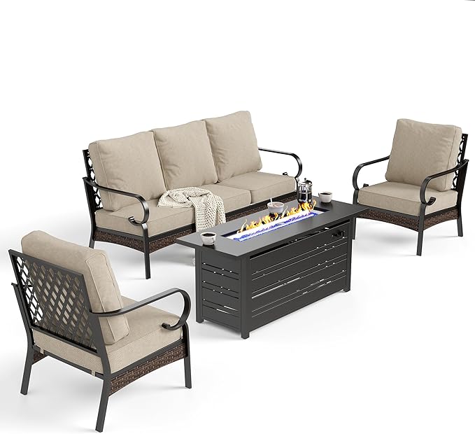 SUNSHINE VALLEY 4 Piece Black Metal Outdoor Patio Furniture Sets with Firepit Table, Patio Conversation Sets 1 3-Seater Sofa, 2 Single Sofa with 5.75" Thick Cushion Backyard Furniture for Deck, Beige