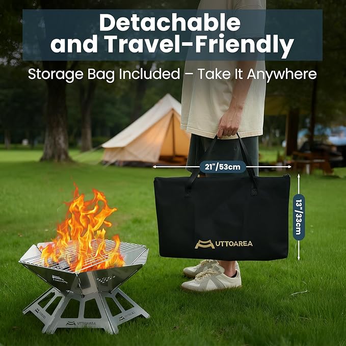 21" Portable Outdoor Fire Pit, Stainless Steel Portable & Collapsible Fire Pit with Charcoal Grill Net & Storage Bag,Wood-Burning for Patio, Backyard BBQ, Camping & Beach Bonfires