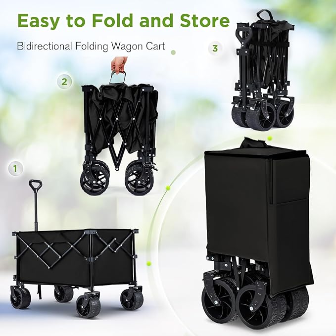 Bezseller Collapsible Wagon 400 lbs, Wagons Carts Foldable, Beach Carts with Big Wheels for Sand, Utility Grocery Shopping Cart for Grocery, Sports, Garden, Shopping and Camping, Black