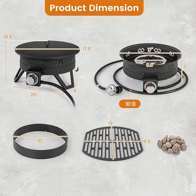 Giantex Portable Propane Fire Pit, 17" Small Outdoor Fire Bowl w/Foldable Legs, Round Fireplace with Lid, Removable Grill, Carry Bag, Lava Rocks, 58000 BTU Smokeless Gas Firepit for Outdoor Camping