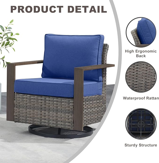 Rilyson Outdoor Wicker Patio Furniture Set - 4 Piece Patio Conversation Set with 2 Wicker Swivel Rocker Chairs,2 Rattan Ottoman, Thick Cushions, Deep Seating, Wide Armrest(Mixed Grey/Blue)