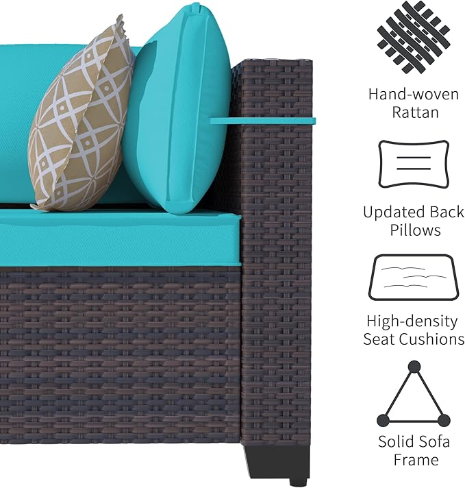 Outdoor Patio Furniture Set, 9 Pieces Outdoor Sectional Furniture Patio Sofa, All-Weather PE Rattan Patio Conversation Set with Tempered Glass Top Table & Cushions(Teal).
