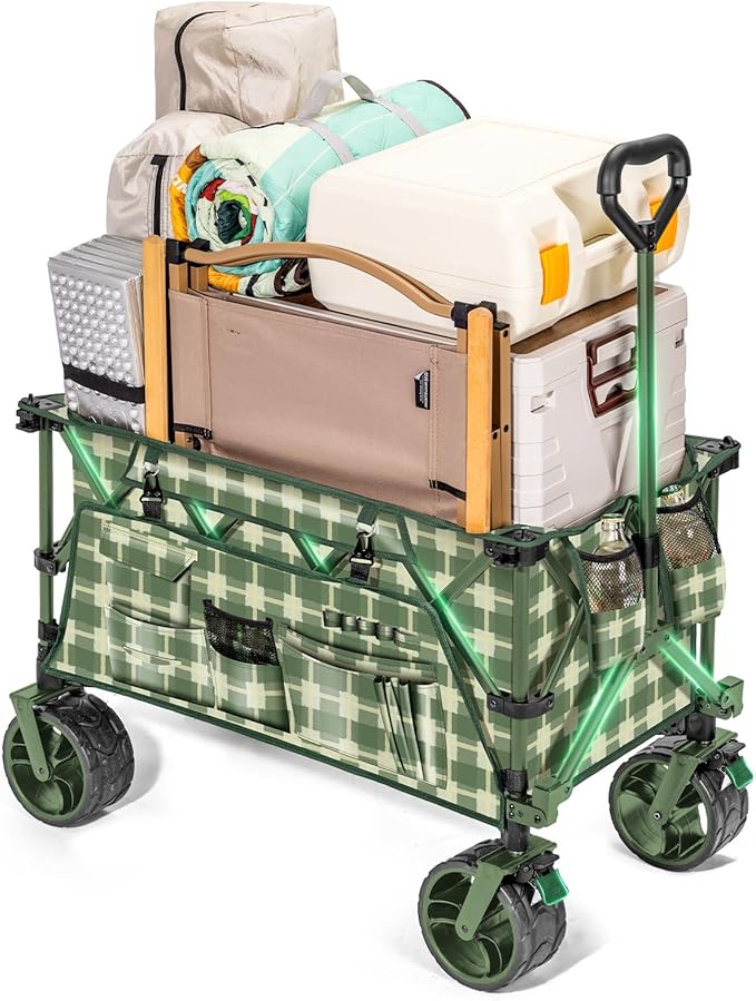 Whitsunday Collapsible Folding Wagon, Heavy Duty Utility Beach Wagons with All-Terrain Wheels for Camping,Garden,Sports Green