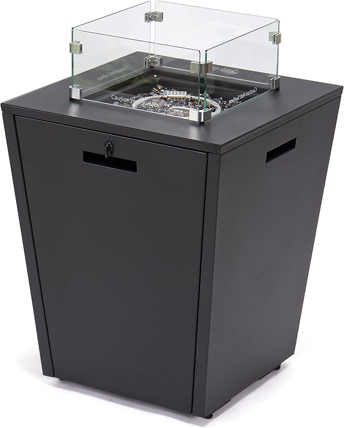 LeisureMod Chelsea 32" Modern Gas Fire Pit Table – 37,000 BTU CSA Certified Propane Steel Outdoor Table with Tempered Glass Wind Guard and Lid for Patio (Black)