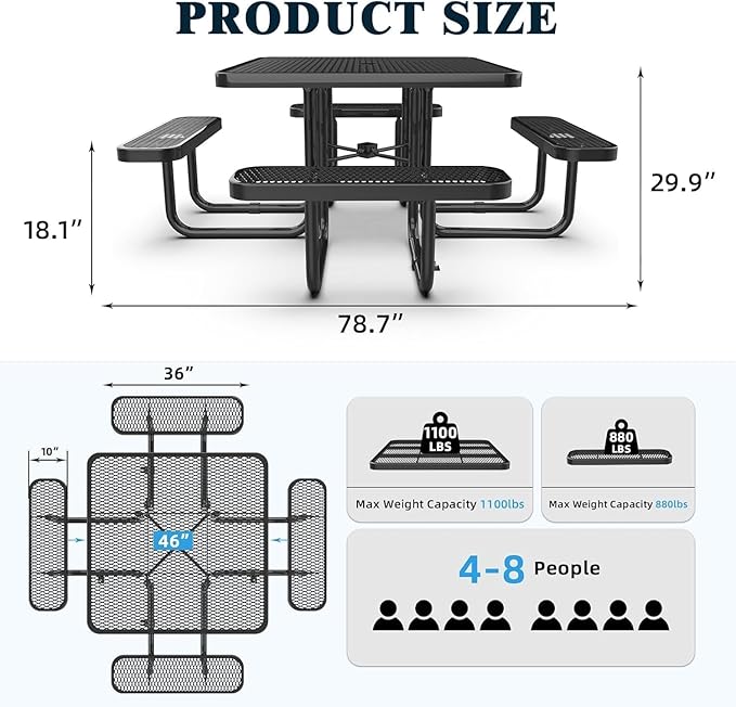 dafrigic 46" Square All Weather Resistant Commercial Picnic Table for Outdoors, Heavy Duty Picnic Table up to 4600 lbs with Umbrella Hole for School, Warehouse, Coffee Shop, Black