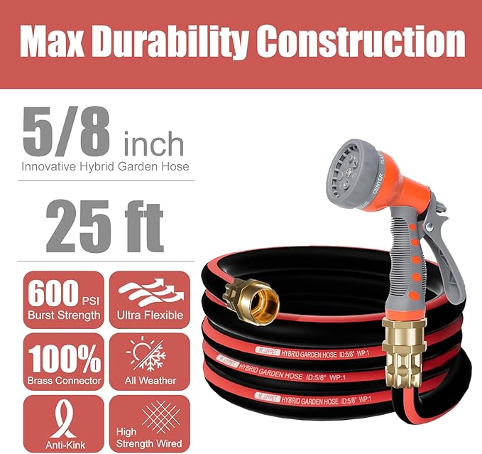 25FT 5/8" Heavy Duty Rubber Garden Hose,Durable Leakproof Hose,High Pressure Garden Leader Hose,KinkFree All-Weather Water Hose,Burst 600 PSI Outdoor Yard Lawn Flexible Car Wash Hose (25FT)