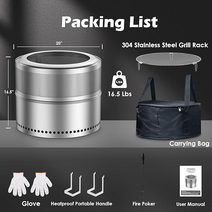 20 Inch Smokeless Fire Pits, Portable Firepit Stainless Steel Stove Bonfire, Outdoor Wood Burning Fireplace with Removable Ash Pan & Grill Rack, 360° Ventilation, for Camping, 4-6 People