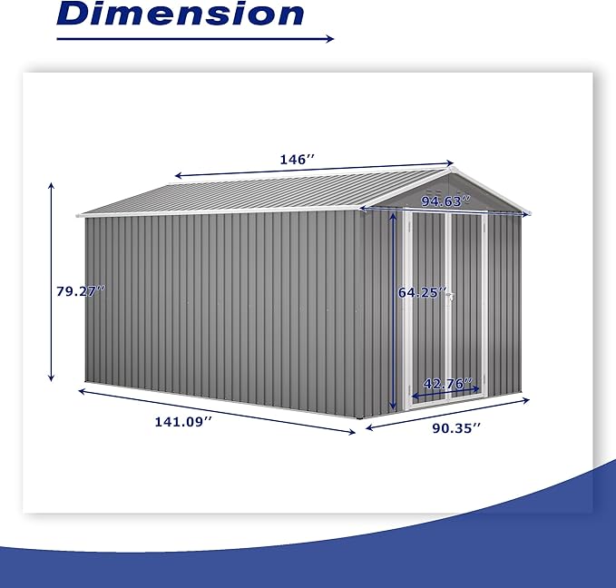 8x12 FT Outdoor Storage Shed W/Floor Frame,Metal Shed W/Double Lockable Doors,Garden Tool House W/ 2 Vents & Sloped Roof,for Backyard Patio Lawn,Gray