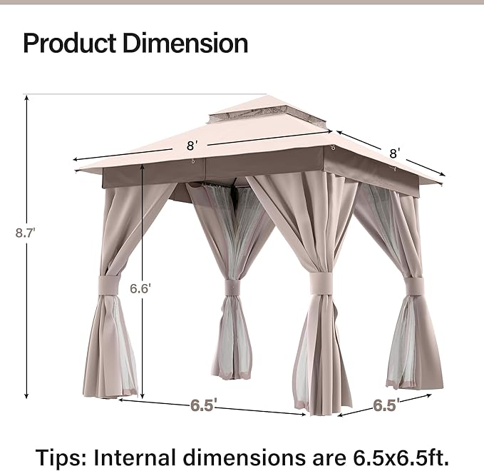 LAUSAINT HOME Gazebo 8x8ft, Heavy Duty Patio Gazebo with Expansion Bolts, Party Canopy Tent with Double Roofs, Mosquito Nettings and Privacy Screens for Backyard, Garden, Lawn, Khaki