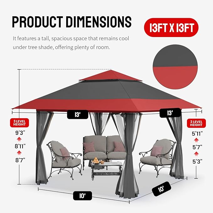 CROWN SHADES 13x13 Pop Up Gazebo, Canopy Tent, Gazebos on Clearance - Outdoor Gazebo for Backyard & Patio Furniture - Carpa Pop Up Tent with Wheeled STO-N-Go Cover Bag (Red & Grey)
