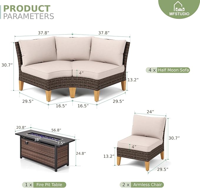 MFSTUDIO 11 Pieces Extra Large Wicker Patio Furniture Set, All-Weather Rattan Half-Moon Patio Conversation Sectional Sofa Set with 56" Fire Pit Table, 8 x Curved Sofa, 2 x Armless Sofa(Beige Cushion)