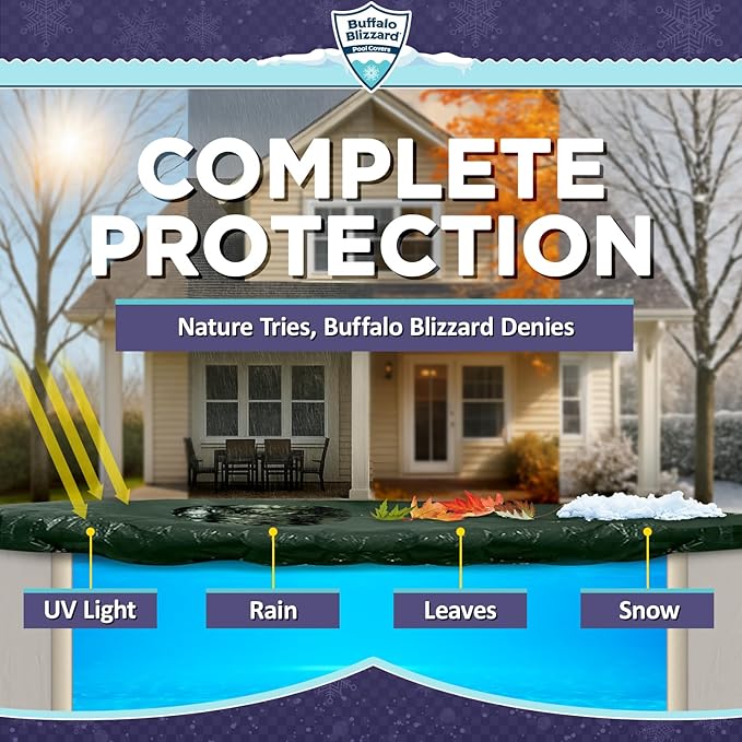 Buffalo Blizzard Supreme Winter Cover Bundle for 18 ft x 36 ft Rectangle Inground or Above Ground Swimming Pools | Green/Black with 5 ft Overlap | Includes Leaf Net Cover