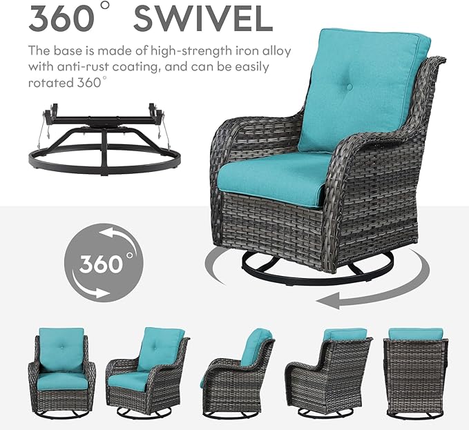 Belord Outdoor Swivel Rcoker Wicker Chairs - Swivel Patio Chairs Set of 2 Patio Furniture Sets with Covered Cushion for Porch Deck Balcony Backyard, Turquoise Cushion