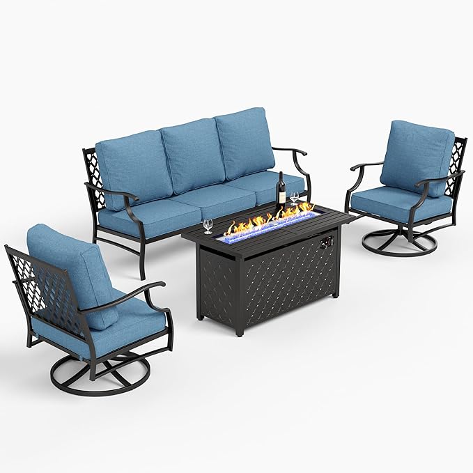 SUNSHINE VALLEY 4 Piece Metal Outdoor Patio Furniture Sets with 5000 BTU Firepit Table, Patio Conversation Sets 1 3-seater Sofa, 2 Swivel Chair with 5.75" Thick Cushion, Black Backyard Furniture, Navy