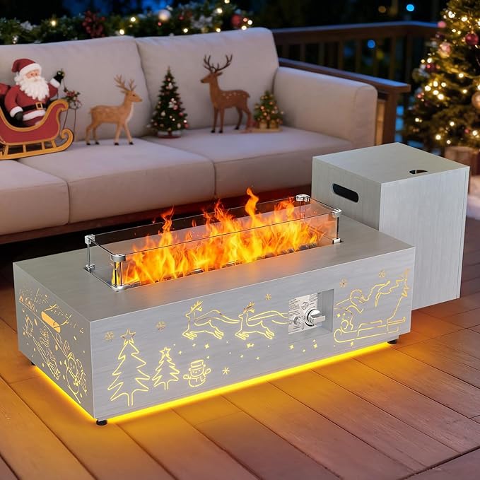 Dineli Propane Fire Pit Table 42 Inch Gas Fire Pits & Outdoor Fireplaces w LED, Tabletop Fire Pit Firepits for Outside Patio, 50,000 BTU (Light Gray, Christmas Pattern with Warmlight)