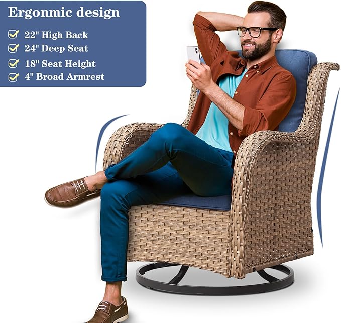 Belord Outdoor Swivel Rocker Patio Chairs - 360 Degree Swivel Glider Seating 350LBS Weight Capacity Wicker Rocking Chairs Set of 2 with Removable Cushion for Porch Balcony Deck, Yellow/Blue