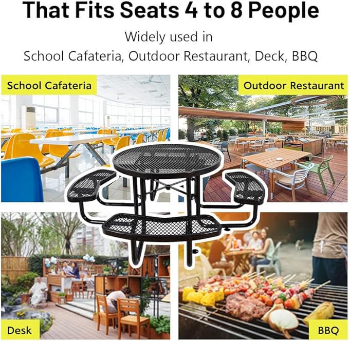 Rueekfil 46" Thermoplastic Picnic Table with Umbrella Hole up to 1.5", Heavy Duty Commercial Picnic Table for Outdoor, Family & Party Ready for School Camping, Round, Black