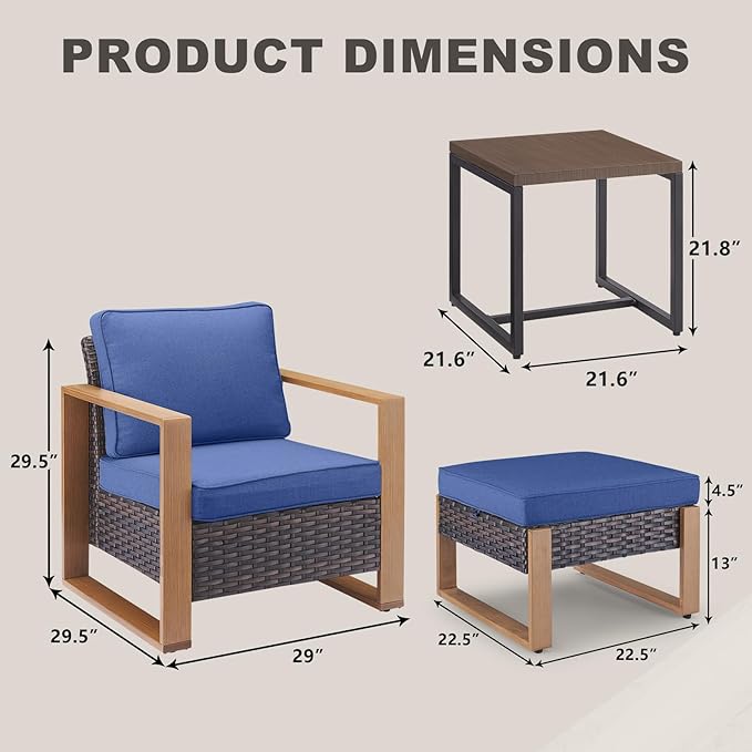 Rilyson Outdoor Wicker Patio Furniture Set - 5 Piece Patio Conversation Set with 2 Wicker Armrest Chairs,2 Rattan Ottoman, 1 Side Table, Sturdy Frame, Thick Cushions, Deep Seating(Brown/Blue)