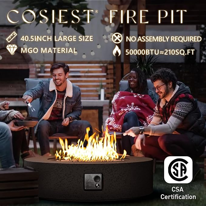 COSIEST 42 inch Outdoor Propane Fire Pit Coffee Table w Concrete Round Base Patio Heater, Certified, 50,000 BTU Stainless Steel Burner, Free Lava Rocks, Rain Cover, Tank Cover