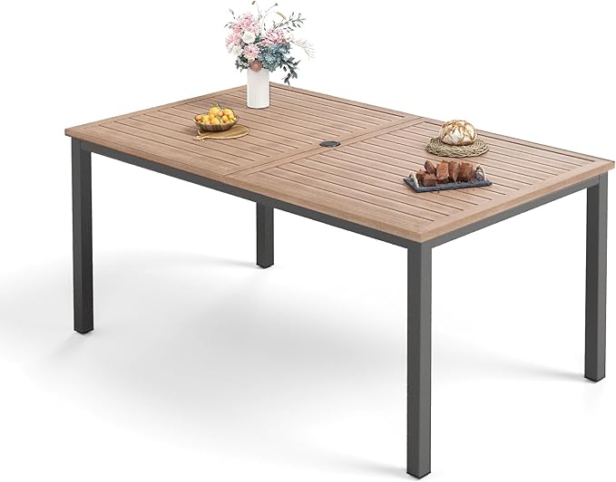 Sophia & William 6-person Metal Outdoor Patio Dining Table Rectangular, E-coating XLarge 63.8"L x 38.2"W Slat Tabletop, Adjustable Umbrella Hole 1.6"- 2", Patio Furniture for Porch Backyard Deck, Teak