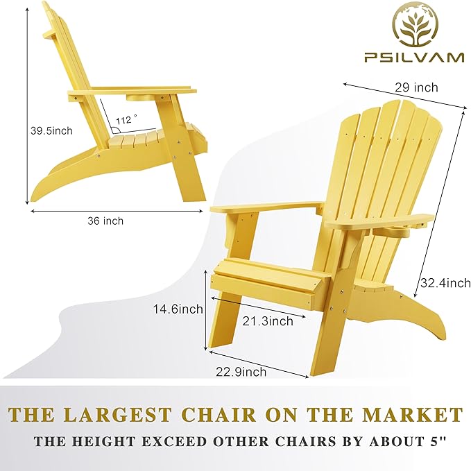 Psilvam Adirondack Chair, Oversized Poly Lumber Fire Pit Chair with Cup Holder, 350Lbs Support Patio Chairs for Garden, Weather Resistant Adirondack Chair Looks Like Real Wood (4, Yellow)