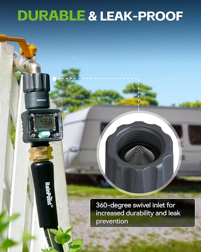 RAINPOINT Water Flow Meter, Measure Consumption and Flow Rate up to 9999.9 Gallon/Liter, ±5% Accuracy, Water Meter for RV, Garden Hose, Pool, Lawn Sprinkler & Nozzle Sprayer