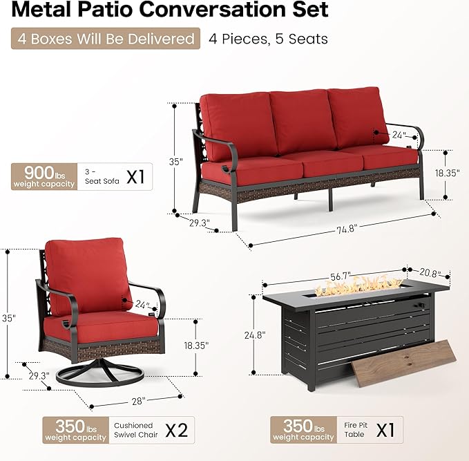 SUNSHINE VALLEY 4 Piece Metal Outdoor Patio Furniture Sets with Firepit Table, Patio Conversation Sets 1 3-Seater Sofa, 2 Swivel Sofa with 5.75" Thick Cushion Backyard Furniture for Deck, Rust Red