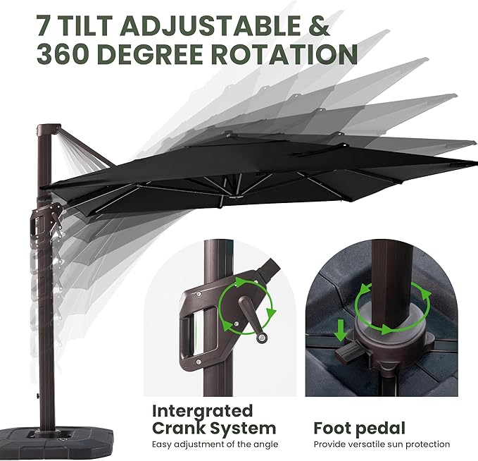 9' X 12' Cantilever Patio Umbrella with Base Included Rectangular Outdoor Large Offset Umbrellas with 7 Tilts Adjustable 360°Rotation for Deck Pool Garden Backyard, Black