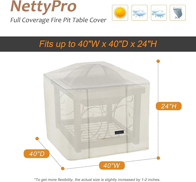 NettyPro Fire Pit Cover Square Waterproof Outdoor Firepit Cover for Gas Propane Fire Pit Table, 40 x 40 x 24 inch, Beige
