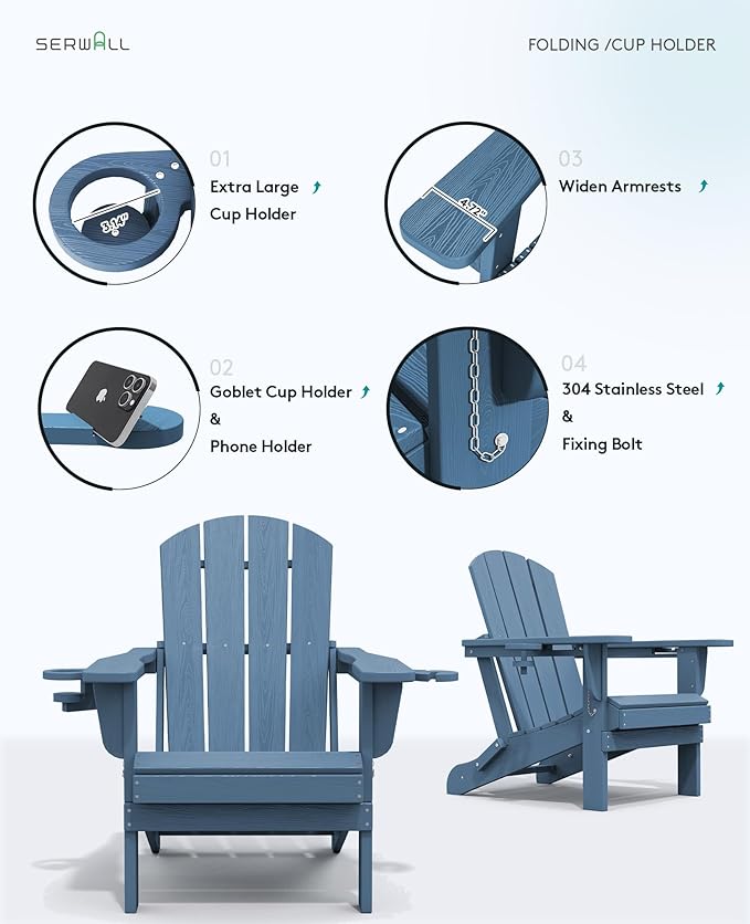 SERWALL Folding Adirondack Chair, HDPE Adirondack Chairs Set of 4, Plastic Outdoor Chairs- Looks Exactly Like Real Wood- Navy