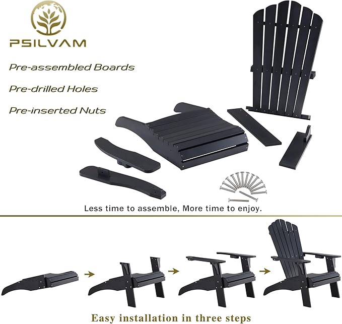 Psilvam Adirondack Chair, Oversized Poly Lumber Fire Pit Chair with Cup Holder, 350Lbs Support Patio Chairs for Garden, Weather Resistant Outdoors Seating, Relaxing Gift for Father & Mother (4, Black)