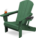KINGYES Folding Adirondack Chair with Dual Cup Holders - HDPE All-Weather Outdoor Chairs, Wood-Like Patio Chair for Backyard, Camping, Pool & Fire Pit, Dark Green
