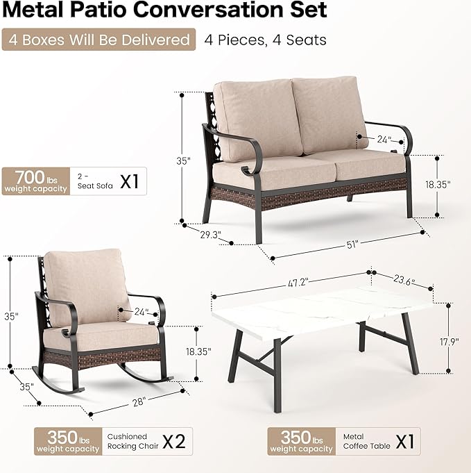 SUNSHINE VALLEY 4 Piece Metal Outdoor Patio Furniture Sets, Patio Conversation Sets 1 Loveseat, 2 Rocking Sofa with 5.75" Extra Thick Cushion and Coffee Table, Balck Frame Backyard Furniture, Beige